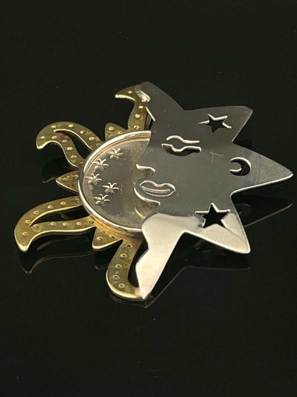 Vintage Mexico 925 Sterling Silver & Brass Celestial Sun Moon Brooch Pin Artisan